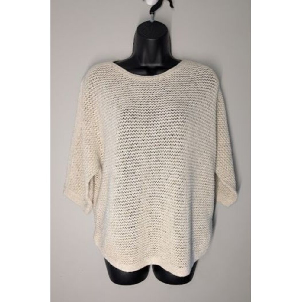 J Jill Sweater Women Large Petite Cream Cotton Blend Open Knit 3/4 Sleeve Dolman
